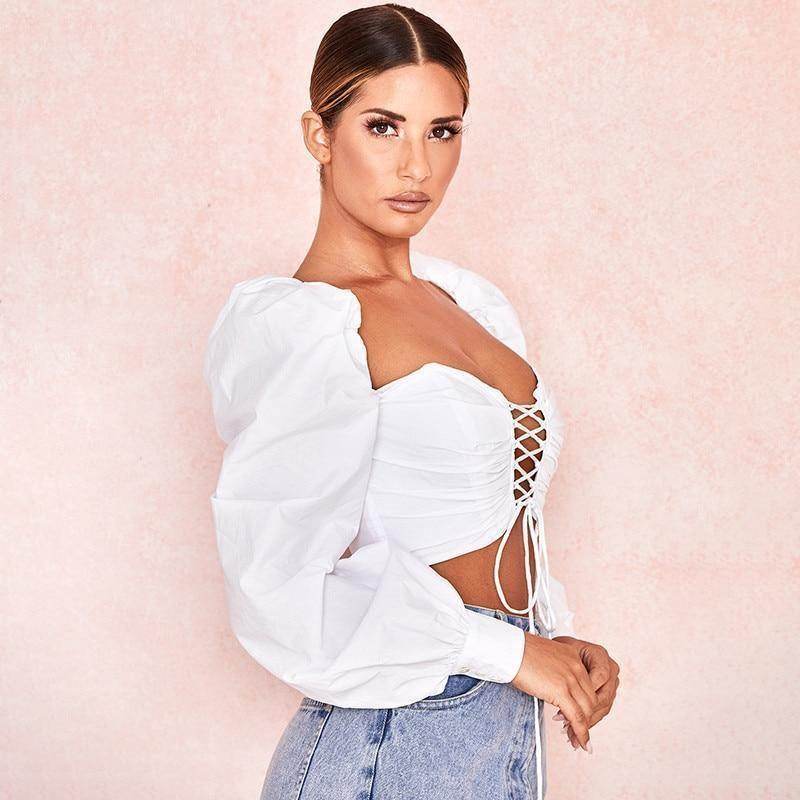 Cropped Decote Trançado com Mangas Bufantes - Sua Boutique