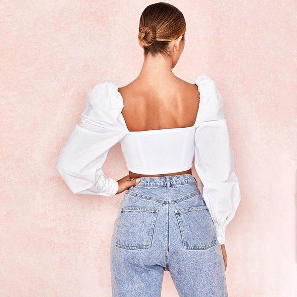 Cropped Decote Trançado com Mangas Bufantes - Sua Boutique