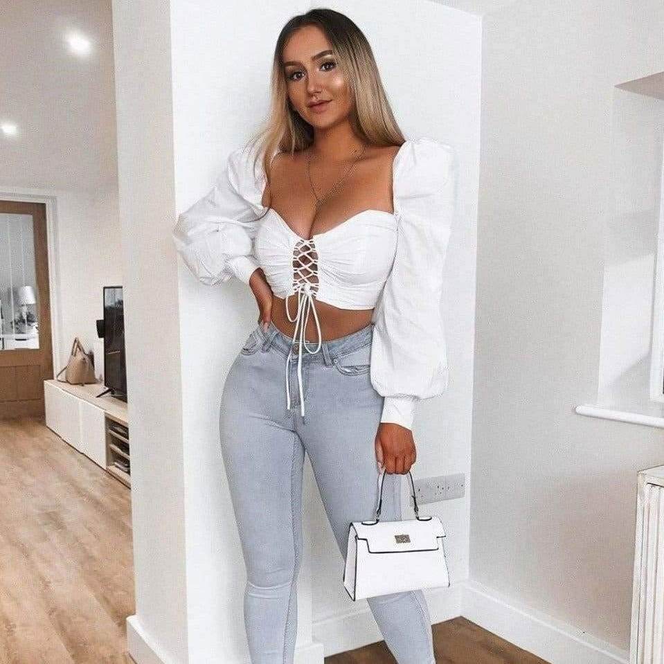 Cropped Decote Trançado com Mangas Bufantes - Sua Boutique