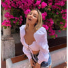 Cropped Decote Trançado com Mangas Bufantes - Sua Boutique