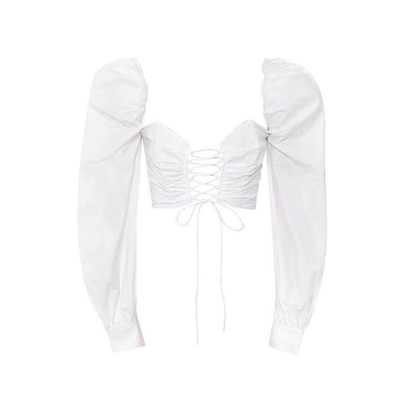 Cropped Decote Trançado com Mangas Bufantes - Sua Boutique