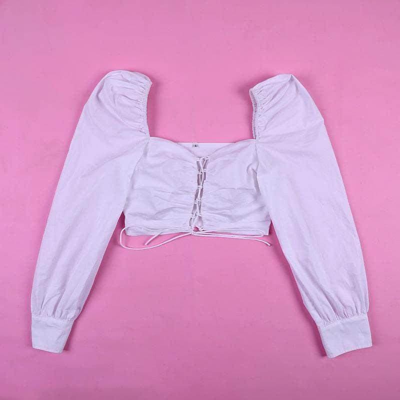 Cropped Decote Trançado com Mangas Bufantes - Sua Boutique