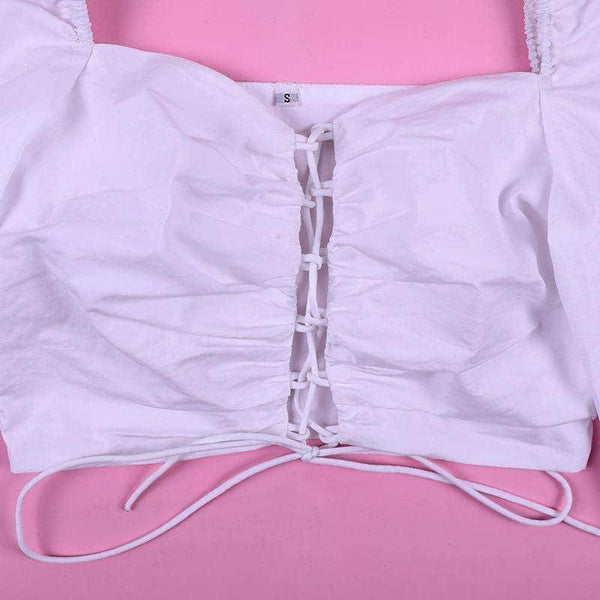 Cropped Decote Trançado com Mangas Bufantes - Sua Boutique
